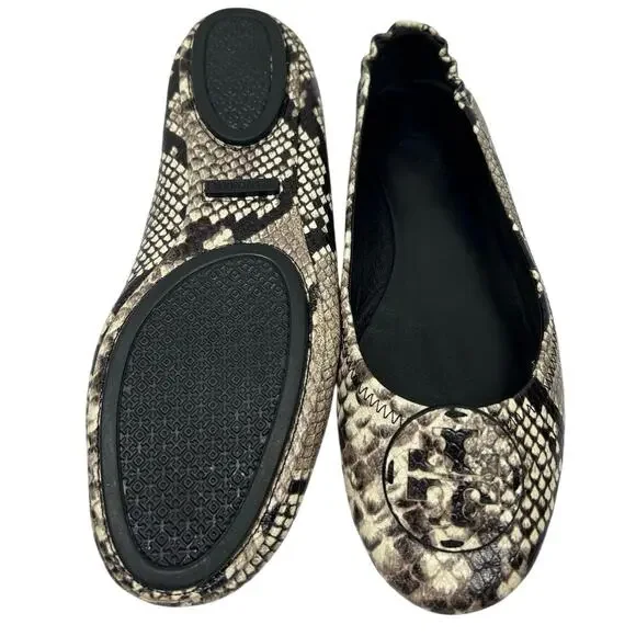 Tory Burch Minnie Travel Ballet Flats, python-embossed leather exterior. Size 9 - Picture 8 of 10